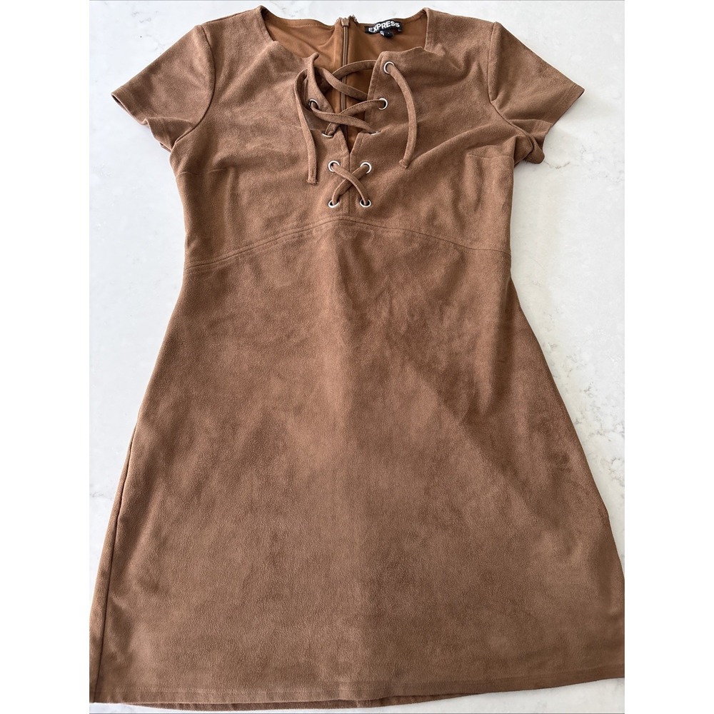 Express Womens 4 Brown Faux Suede Short Vneck Tie-Up‎ Dress Western Cowgirl